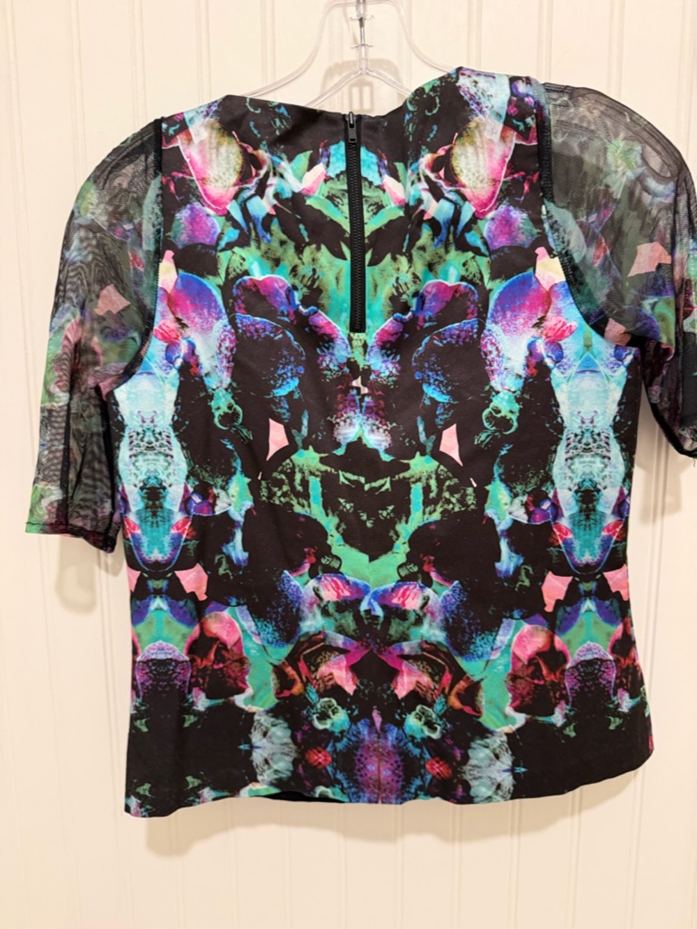 Milly Black Floral Cutout Mesh Top with Multi-Color Print - Picture 3 of 3